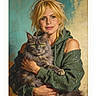 Luna is registered to the contest to win money with this photo: animal, artistic_background, blonde_hair, casual, cat, face, feline, fluffy_cat, green_clothing, green_eyes, holding, hoodie, indoor, long_hair, looking_at_camera, pet, portrait, smiling, warm_lighting, woman