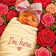 Kehlani is registered to the contest to win money with this photo: baby, infant, wrapped, blanket, bow, headwear, flowers, roses, red_roses, pink_roses, floral_background, face, expression, newborn, cute, portrait, closeup, announcement, peaceful, swaddle