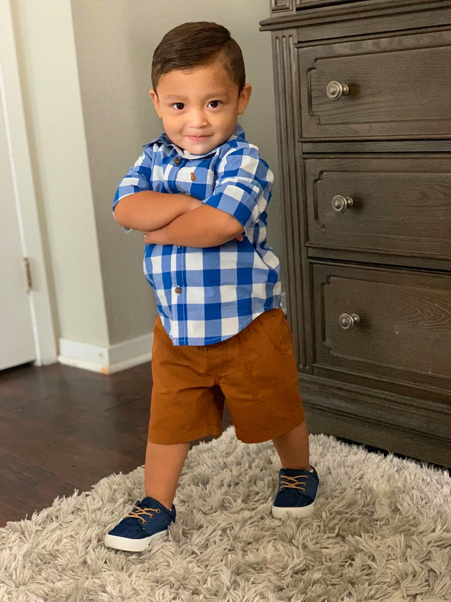 Jairo joined the competition — help win amazing prizes! baby, baby_toddler_clothing, blue, child, cool, design, flooring, footwear, joy, leg, male, outerwear, pattern, person, plaid, product, shoe, shoulder, standing, t_shirt