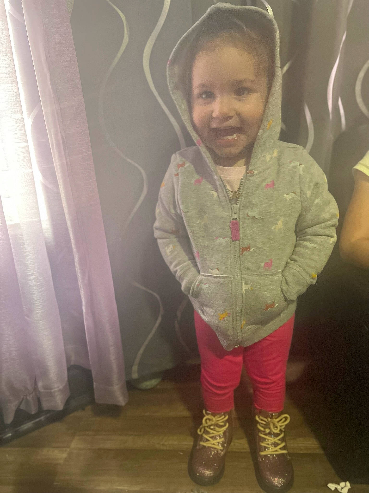 Avery Grace joined the competition — help win amazing prizes! arm, baby_toddler_clothing, blond, cheek, floor, flooring, gesture, happy, head, human_body, iris, joy, magenta, person, pink, purple, sleeve, smile, standing, textile