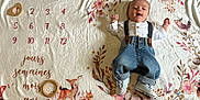 Raphaël a rejoint le concours — aidez-le/la à gagner de superbes lots ! baby, infant, child, milestone_blanket, blanket, floral_pattern, numbers, calendar, wooden_ring, wooden_toy, suspenders, denim_jeans, shoes, smiling, lying_down, cute, nursery, white_background, decorative_art, portrait