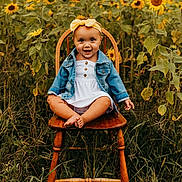 Maila is registered to the contest to win money with this photo: toddler, child, sunflower, flower_field, chair, denim_jacket, yellow_headband, smile, barefoot, outdoor, nature, grass, happy, portrait, summer, plants, greenery, cute, baby, sitting