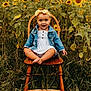 toddler, child, sunflower, flower_field, chair, denim_jacket, yellow_headband, smile, barefoot, outdoor, nature, grass, happy, portrait, summer, plants, greenery, cute, baby, sitting