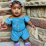 Samauni joined the competition — help win amazing prizes! toddler, child, blue_outfit, red_shoes, hair_accessories, stone_wall, sidewalk, hand_holding, bracelets, necklace, outdoor, curious_expression, standing, fashion, portrait, person, cute, young_child, casual_wear, colorful