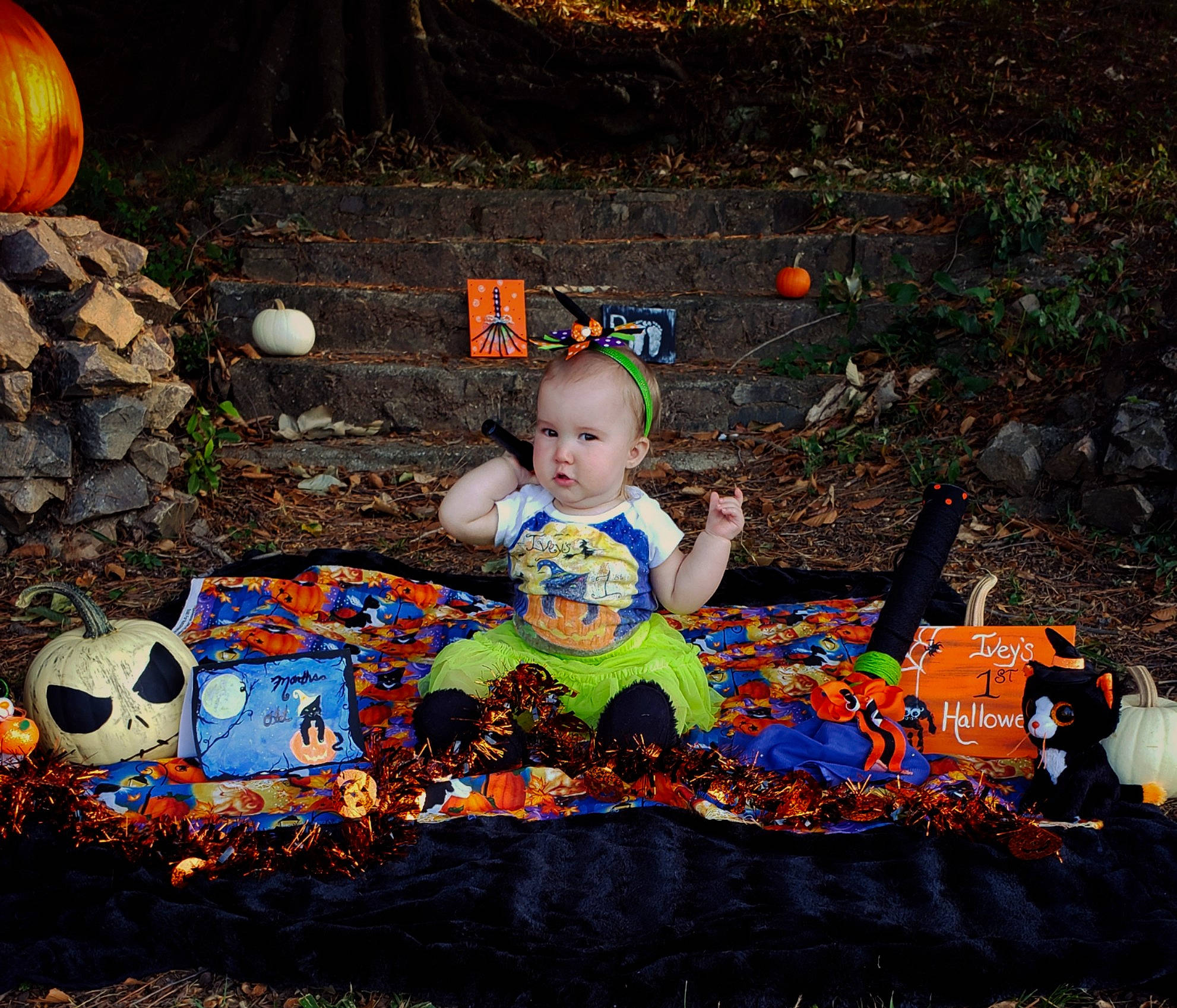 Ivey is registered to the contest to win money with this photo: autumn, child, leaf, person, photography, play, pumpkin, sitting, toddler, tree, trick_or_treat