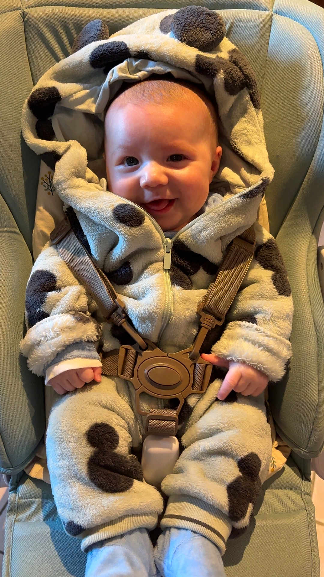 Maël participe au concours pour gagner de l'argent avec cette photo : baby, infant, child, smiling, fleece, onesie, hood, car_seat, seatbelt, straps, cozy, cute, happy, indoor, blue_clothing, plush, soft, sitting, person, portrait