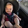 baby, car_seat, child, smile, red_clothing, safety_harness, car_interior, window, person, dog, sunlight, seatbelt, infant, cute, portrait, happy, casual, vehicle, human, side_view