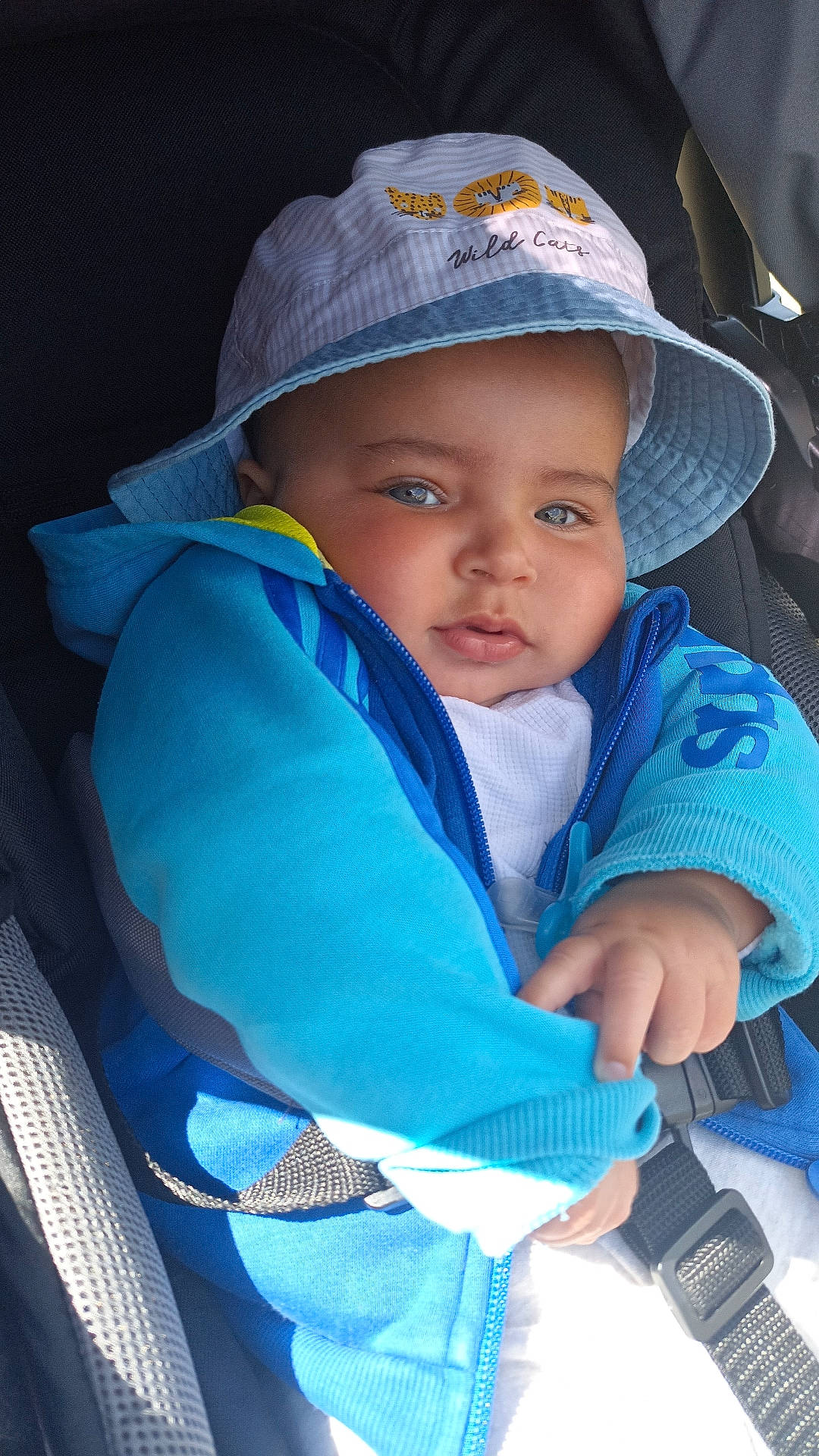 Marwan participe au concours pour gagner de l'argent avec cette photo : baby, baby_carriage, baby_products, baseball_cap, blue, cap, child, electric_blue, fashion_accessory, fun, happy, hat, headwear, leisure, person, portrait_photography, recreation, sitting, toddler, vacation