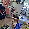 Hades is registered to the contest to win money with this photo: toddler, child, puppy, dog, pet, eating, snack, portrait, face, indoors, kitchen, table, water_bottle, remote_control, toy, sitting, home, family, fluffy, candid