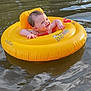 baby, child, floating, grass, happy, inflatable_ring, lake, nature, outdoor, park, playful, recreation, reflection, relaxing, smiling, summer, sunlight, swimming, water, yellow