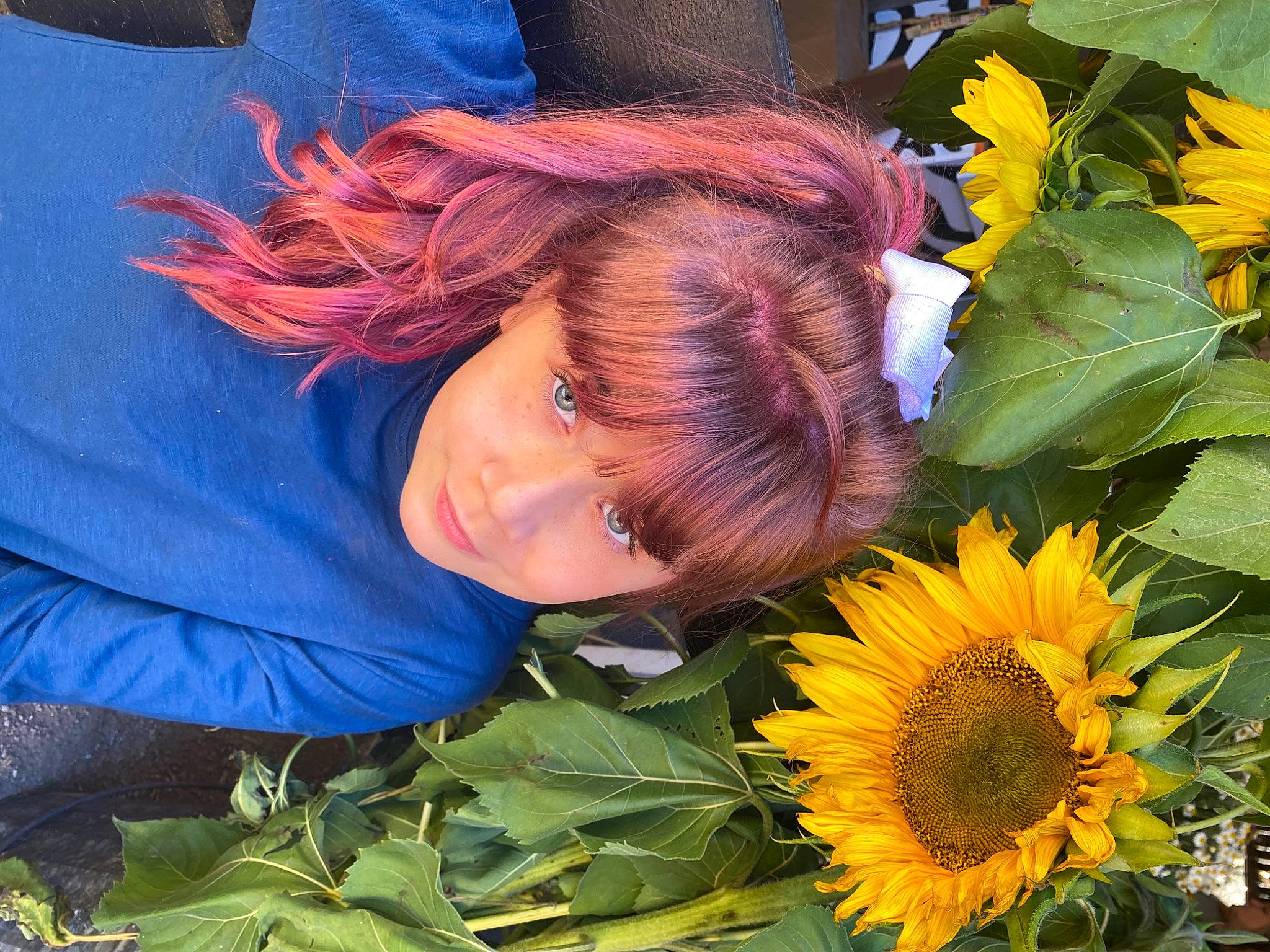 Brandy is registered to the contest to win money with this photo: annual_plant, electric_blue, floral_design, floristry, flower, flowering_plant, grass, green, happy, herb, orange, people_in_nature, person, petal, photograph, plant, pollen, sunflower, wildflower, yellow