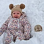 baby, child, clothing, cold, cute, face, floral_pattern, happy, hat, infant, milestone, outdoor, pom_pom, portrait, sitting, smile, snow, snowsuit, winter, wooden_sign