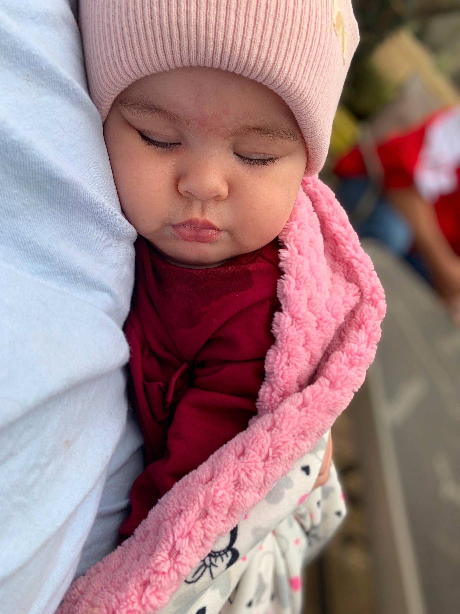 Bailee joined the competition — help win amazing prizes! baby, cap, cheek, child, close_up, comfort, eye, face, fashion_accessory, happy, head, headwear, knit_cap, lip, magenta, person, pink, skin, sleeve, toddler