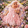 baby, infant, child, portrait, smiling, pink_dress, lace, headband, bow, flowers, garden, pastel, cherry_blossoms, flower_petals, floral_background, sitting, outdoor, sunlight, bokeh, cute