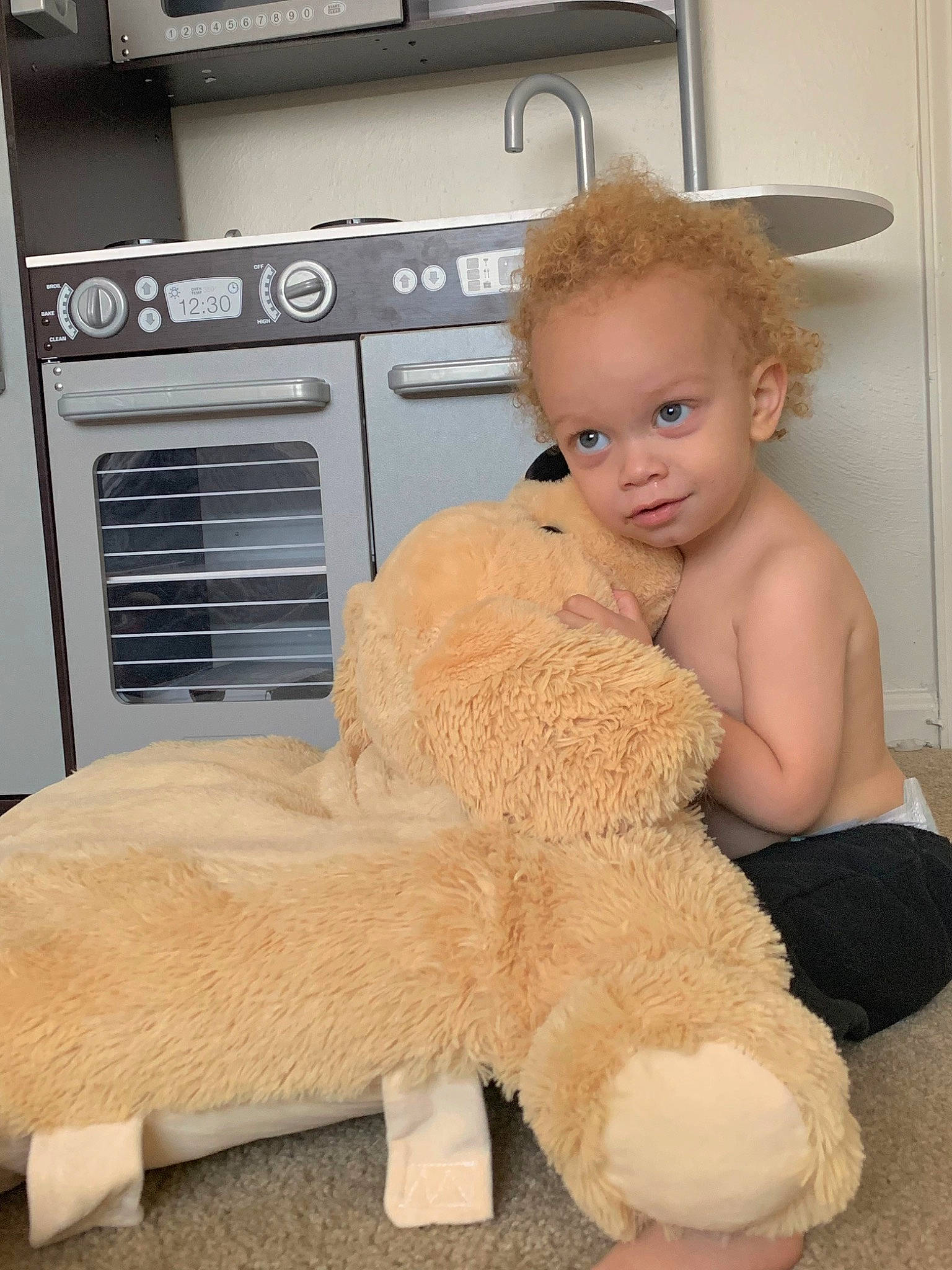 Shawn is registered to the contest to win money with this photo: cabinetry, companion_dog, fawn, flooring, gas_stove, hairstyle, home_appliance, human_body, human_leg, kitchen, kitchen_appliance, knee, mammal, person, stuffed_toy, teddy_bear, thigh, toddler, toy, trunk