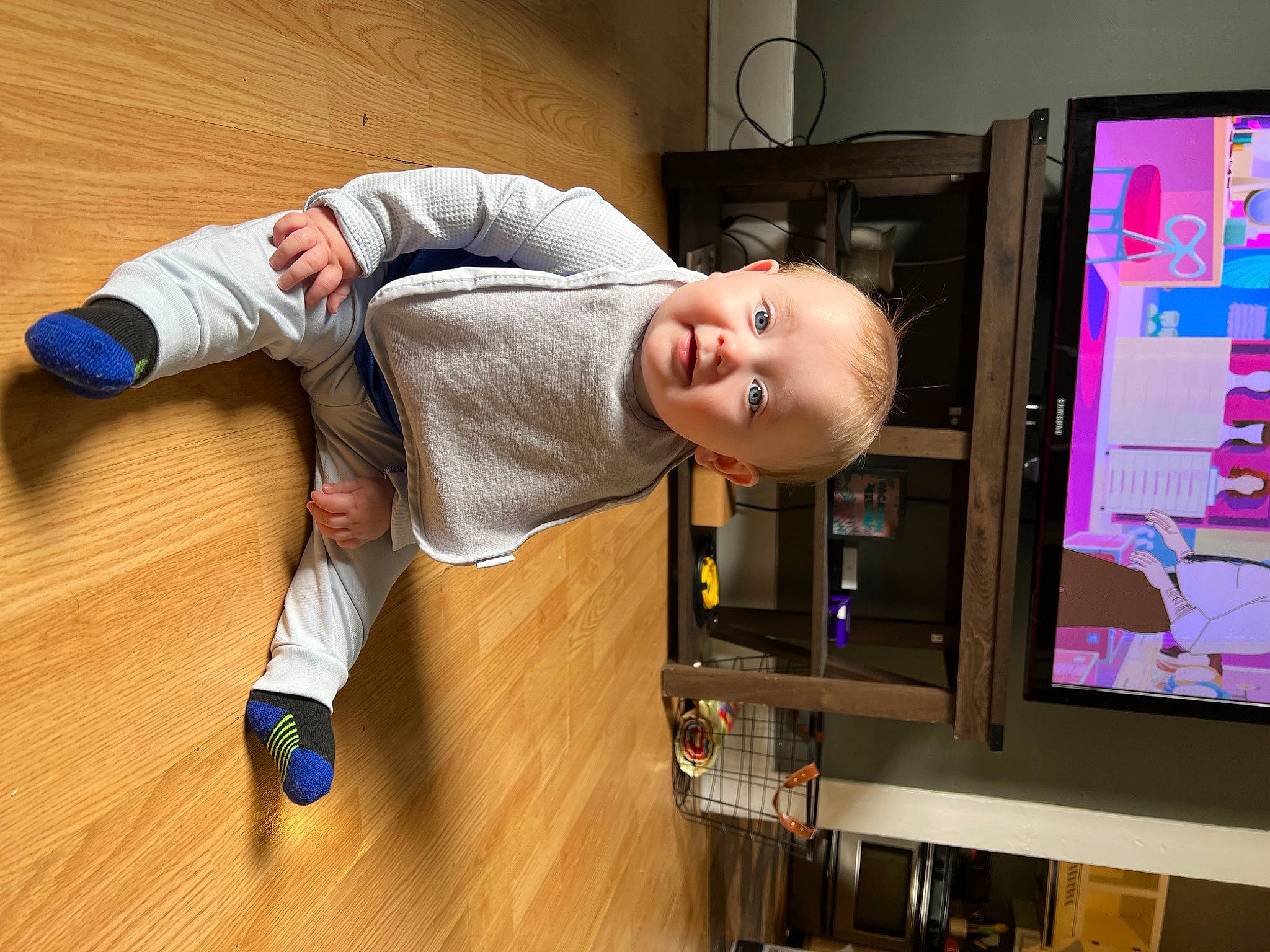 Daylan joined the competition — help win amazing prizes! baby, baby_toddler_clothing, child, comfort, floor, flooring, hardwood, home_appliance, laminate_flooring, person, product, room, sleeve, smile, standing, suit, television_set, toddler, varnish, wood
