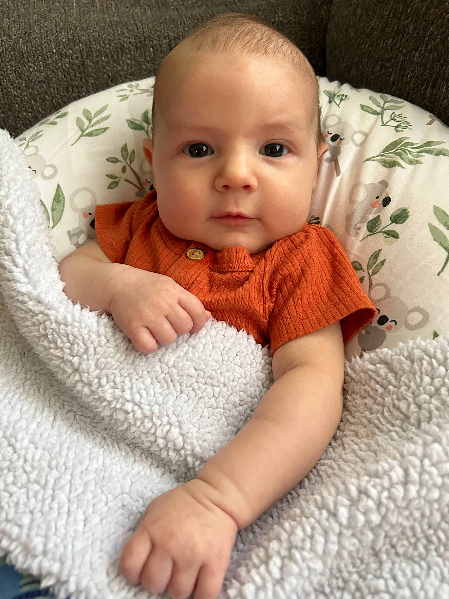 Cameron is registered to the contest to win money with this photo: baby, baby_toddler_clothing, cheek, child, chin, comfort, finger, flooring, iris, linens, lip, neck, nose, pattern, person, sitting, skin, sleeve, textile, toddler