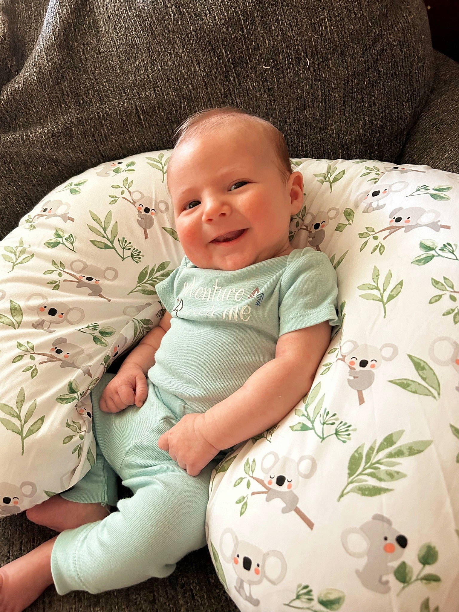 Cameron is registered to the contest to win money with this photo: baby, baby_products, baby_toddler_clothing, cheek, child, comfort, eye, facial_expression, grass, happy, joy, linens, pattern, person, product, sitting, skin, sleeve, smile, t_shirt