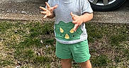 Angel is registered to the contest to win money with this photo: toddler, child, smiling, laughing, outdoor, grass, dinosaur_hat, dinosaur_shirt, green_clothing, shorts, sneakers, car_wheel, driveway, happy, cute, person, young_child, nature, playful, summer_clothes