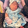 baby, blue, car_seat, child, clothing, cozy, cute, dress, floral, headband, infant, mittens, newborn, pattern, pink, portrait, resting, seatbelt, sleeping, soft