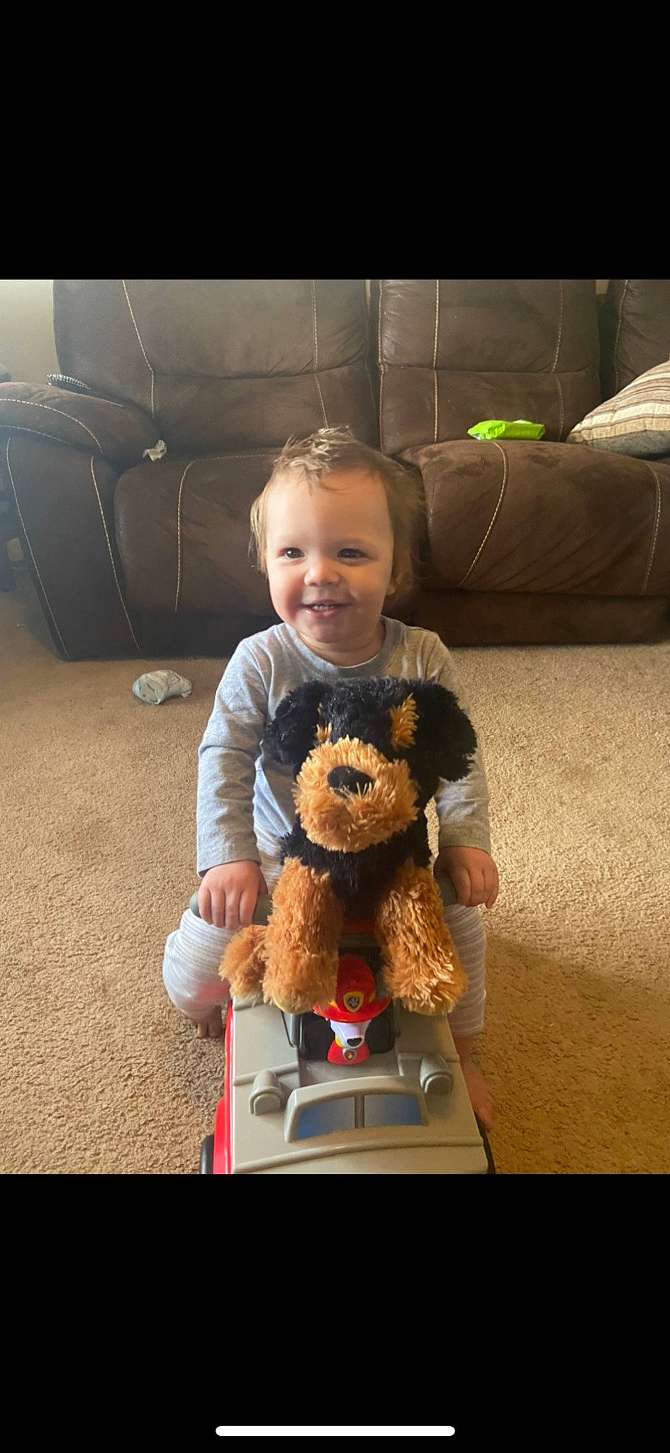 Kameron joined the competition — help win amazing prizes! child, comfort, companion_dog, couch, eye, flooring, fun, happy, head, joy, lap, mammal, person, sitting, skin, smile, standing, stuffed_toy, teddy_bear, toddler