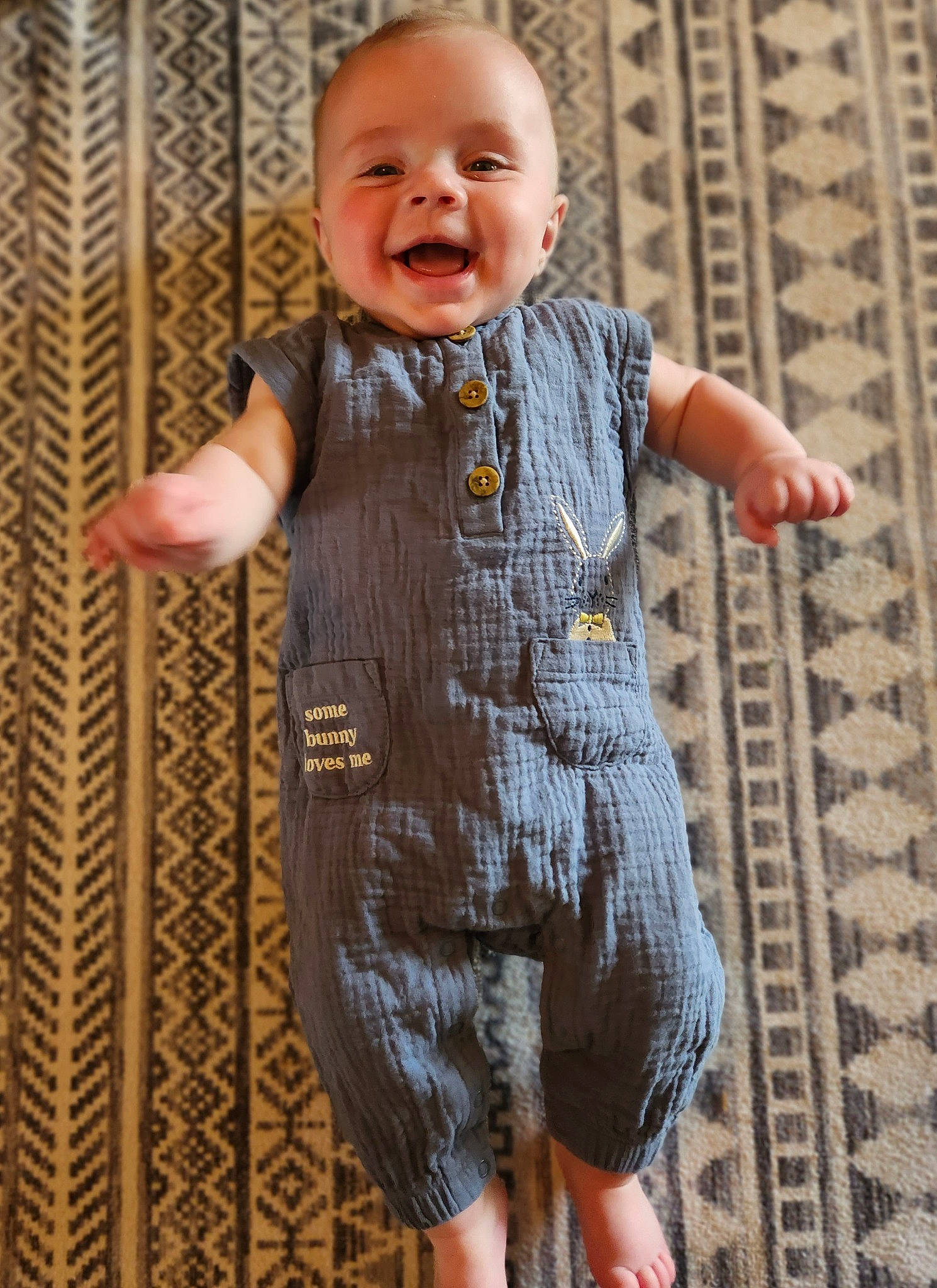 Franklin joined the competition — help win amazing prizes! baby, baby_toddler_clothing, child, chin, collar, dress, eye, face, gesture, happy, nose, one_piece_garment, pattern, person, skin, sleeve, smile, standing, textile, toddler