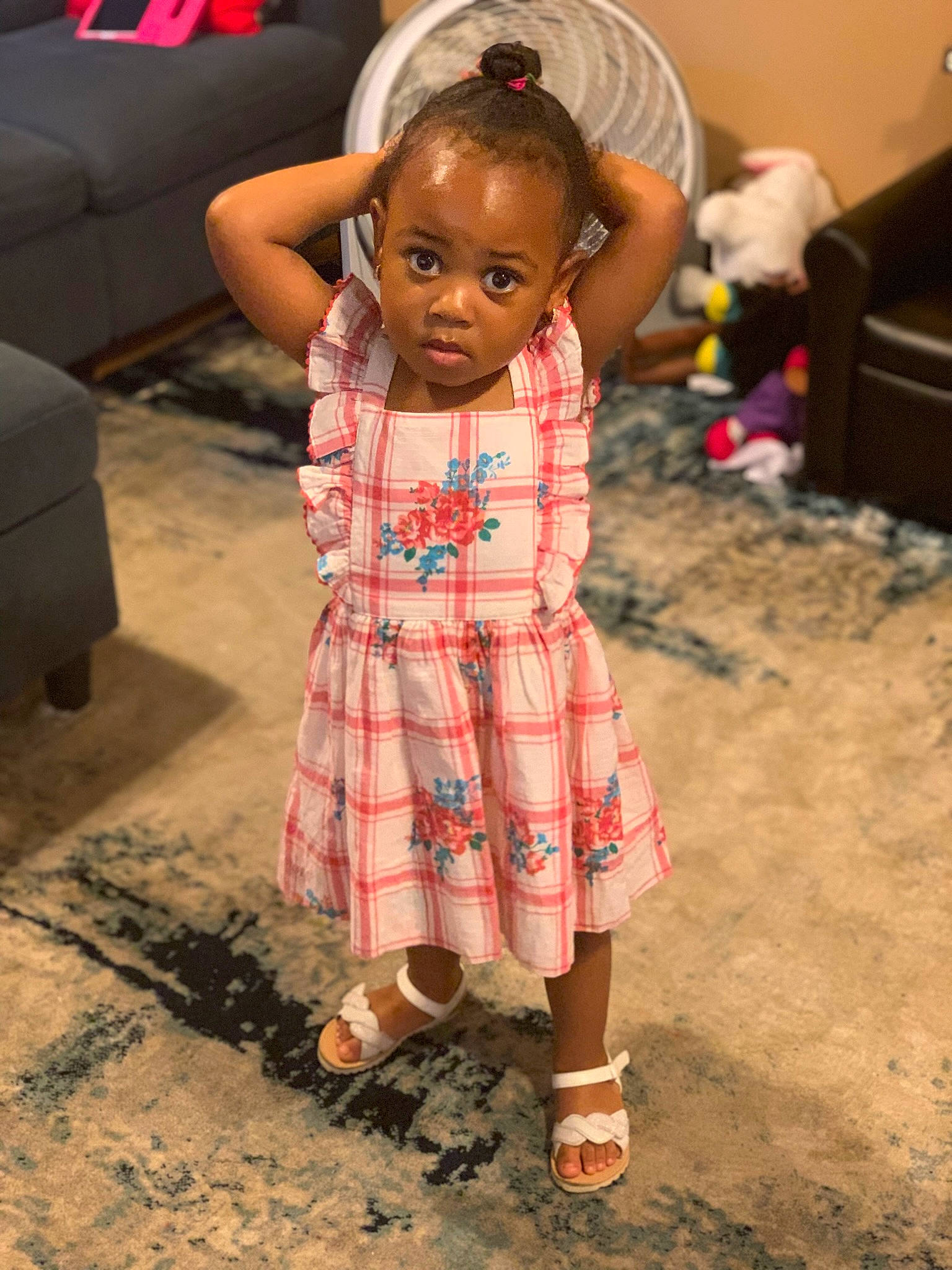 Arya joined the competition — help win amazing prizes! automotive_tire, child, dress, event, family_car, fashion_design, flooring, fun, hand, happy, pattern, person, pink, sandal, sitting, skin, soil, temple, toddler, tradition