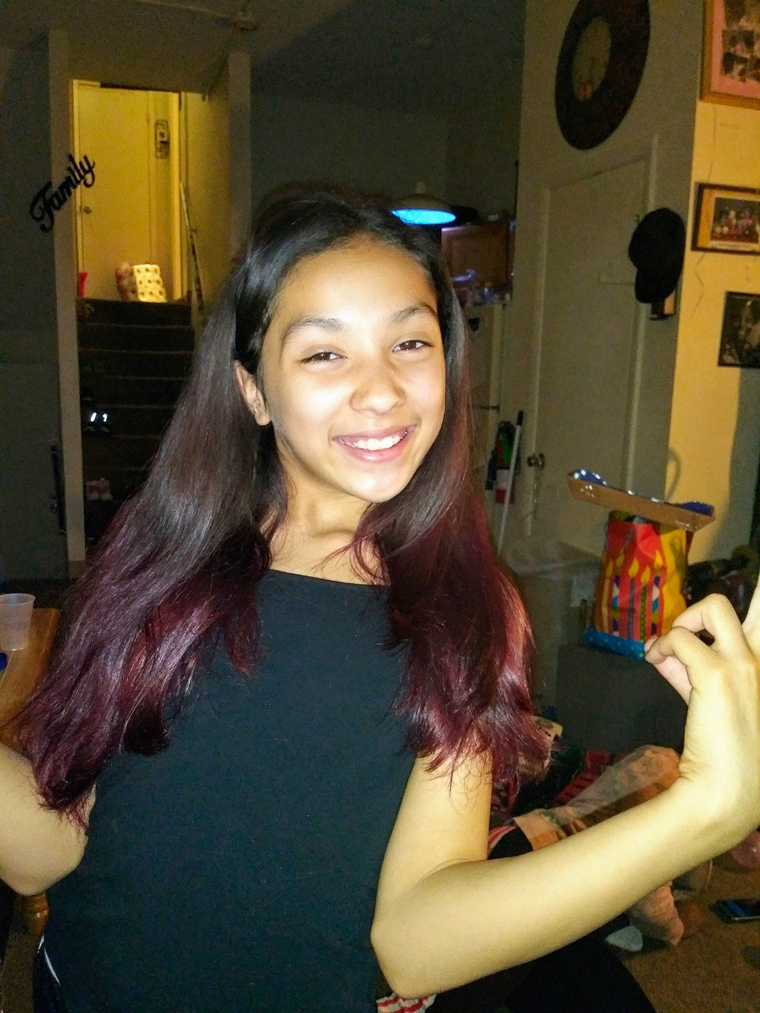 Serenity is registered to the contest to win money with this photo: arm, black_hair, brown_hair, fawn, hair, hairstyle, joy, long_hair, neck, person, shoulder, smile