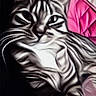 cat, striped_cat, feline, pet, animal, pink_background, closeup, portrait, relaxed, indoor, artistic, stylized, black_and_white, whiskers, ears, fur, face, eyes, texture, pattern