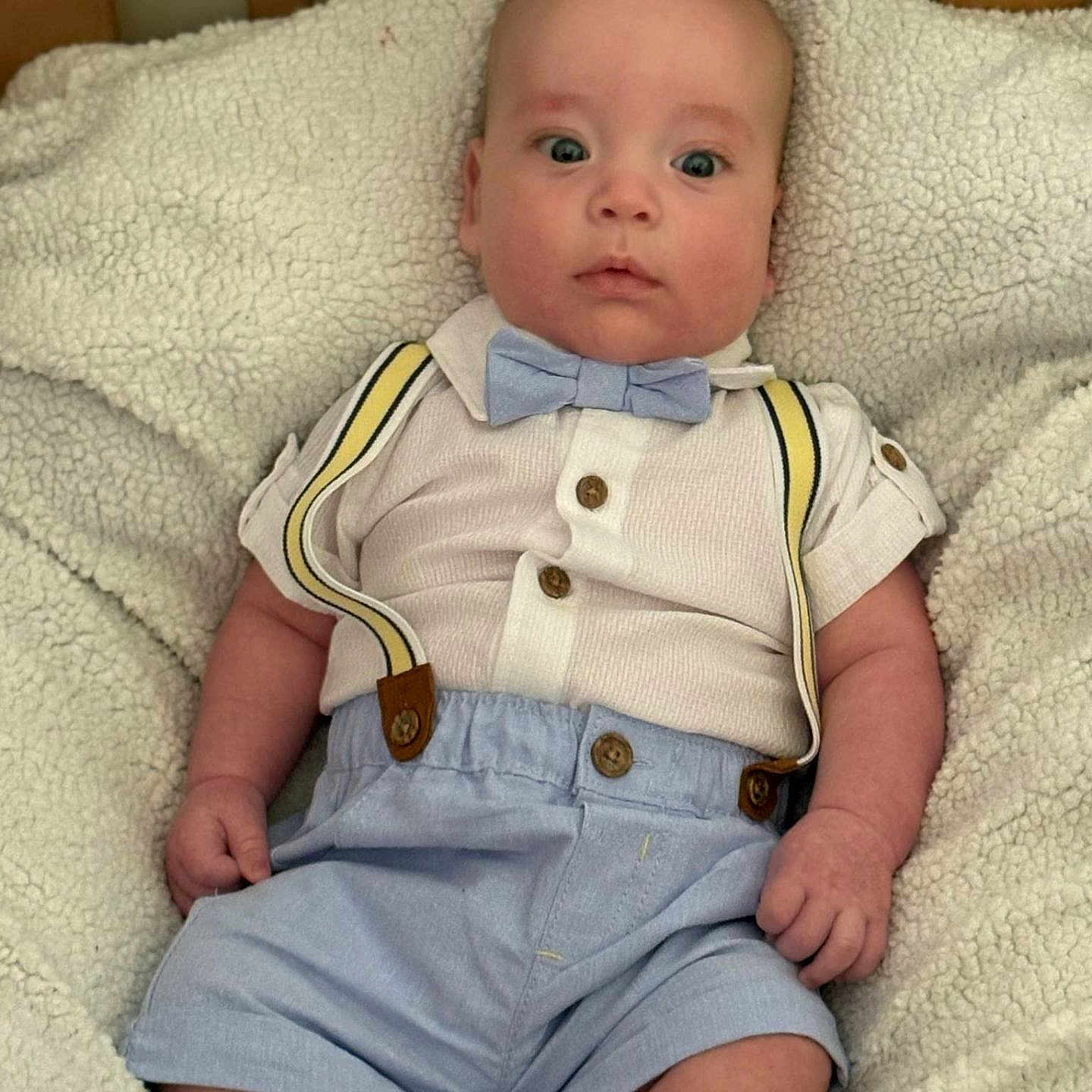 Steven joined the competition — help win amazing prizes! baby, blanket, blue_eyes, bow_tie, clothing, comfortable, crib, cute, face, hands, indoors, infant, portrait, shorts, sitting, soft_texture, suspenders, white_shirt, wooden_crib, young_child
