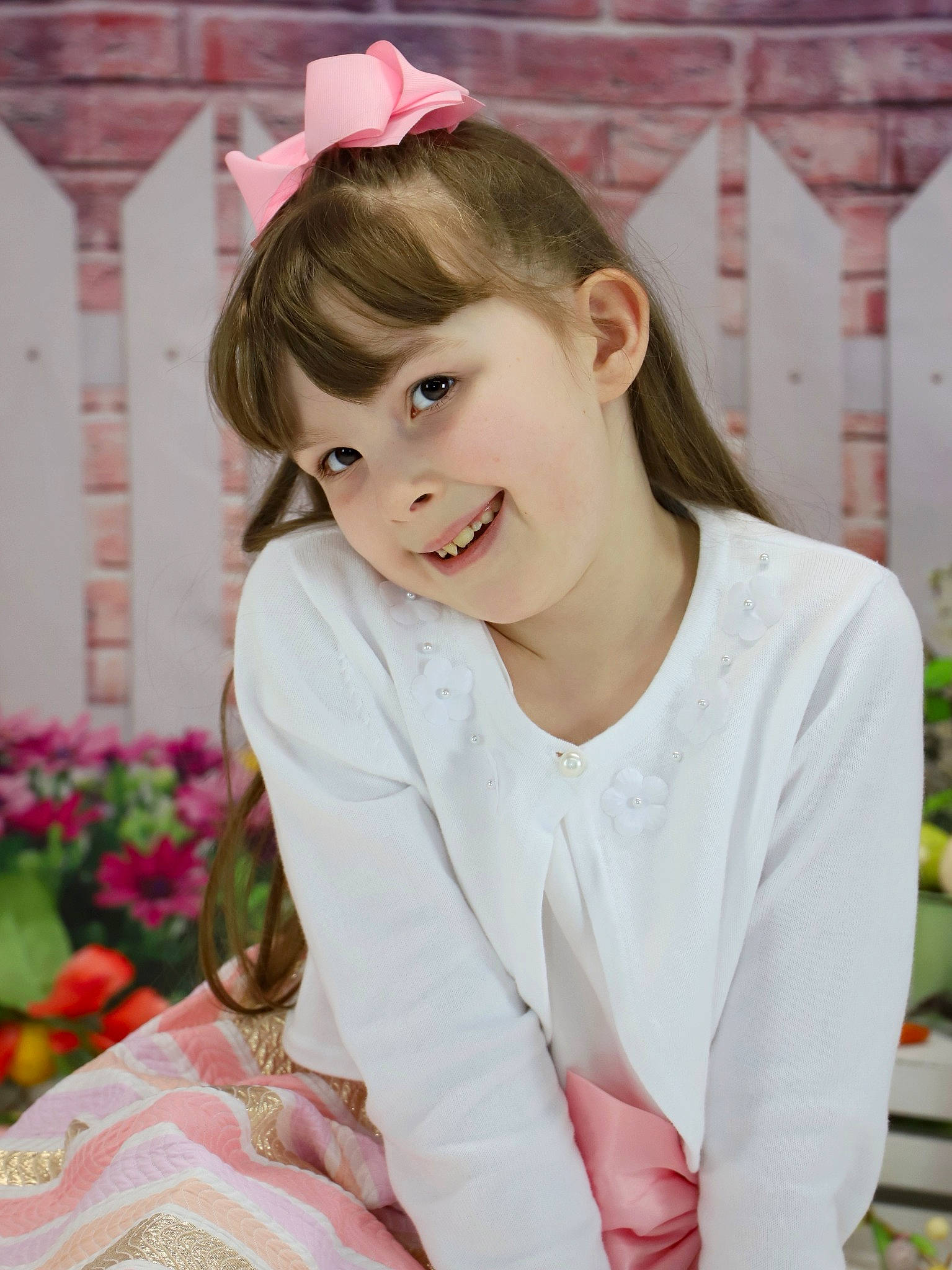 Kyleigh joined the competition — help win amazing prizes! bangs, beauty, blond, brown_hair, child, chin, eye, eyelash, fashion_accessory, grass, happy, head, jewellery, joy, lip, pattern, person, pink, plant, sleeve