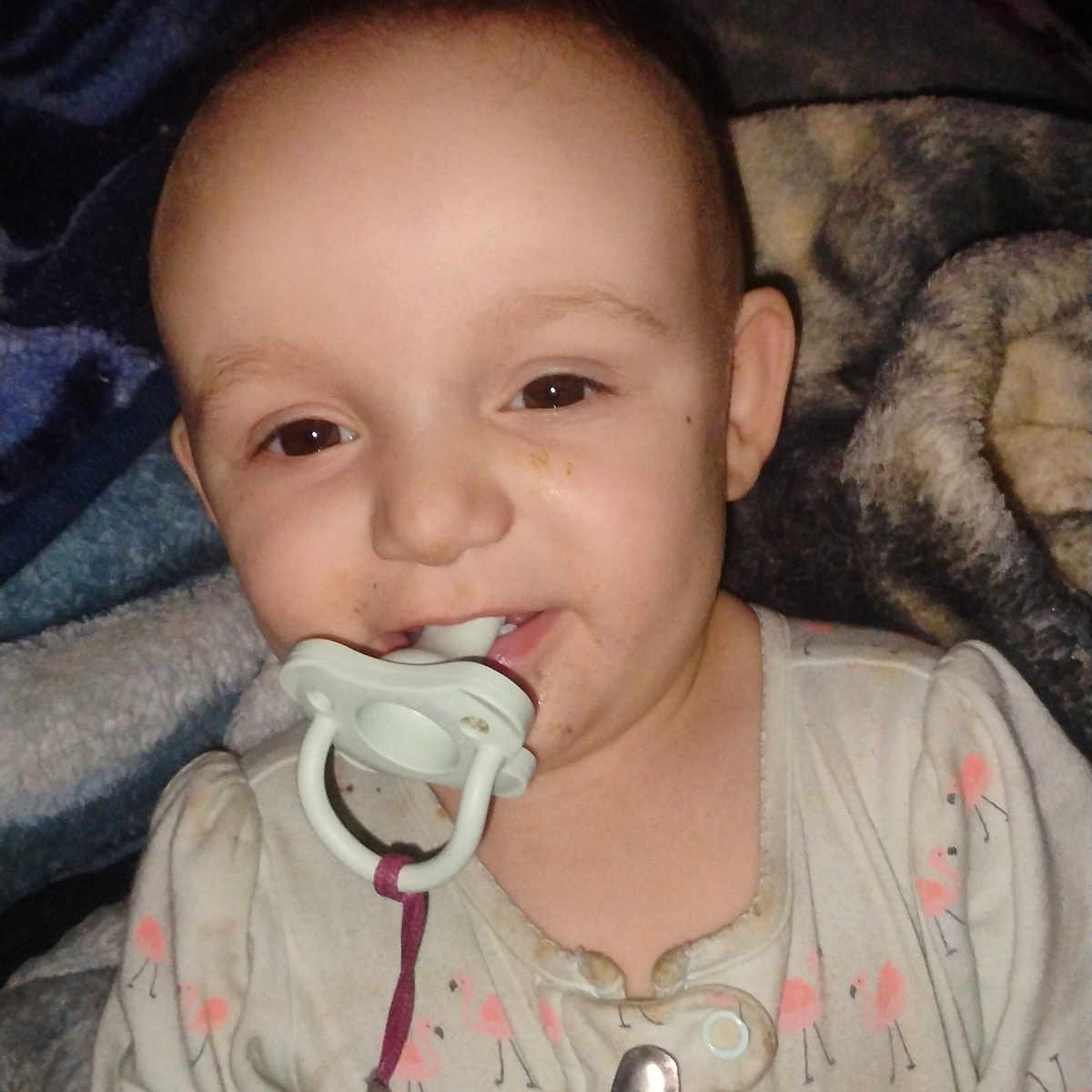 Izabella joined the competition — help win amazing prizes! accessories, baby, blanket, bodypart, clothing, couch, cutlery, face, finger, furniture, hand, happy, head, mouth, person, photography, portrait, spoon, strap, t_shirt