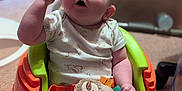 Wyatt joined the competition — help win amazing prizes! baby, baby_seat, carpet, child, childcare, clothing, colorful, cute, expression, face, hand, indoor, infant, person, plush_toy, seatbelt, sitting, sloth_toy, soft_toy, toy