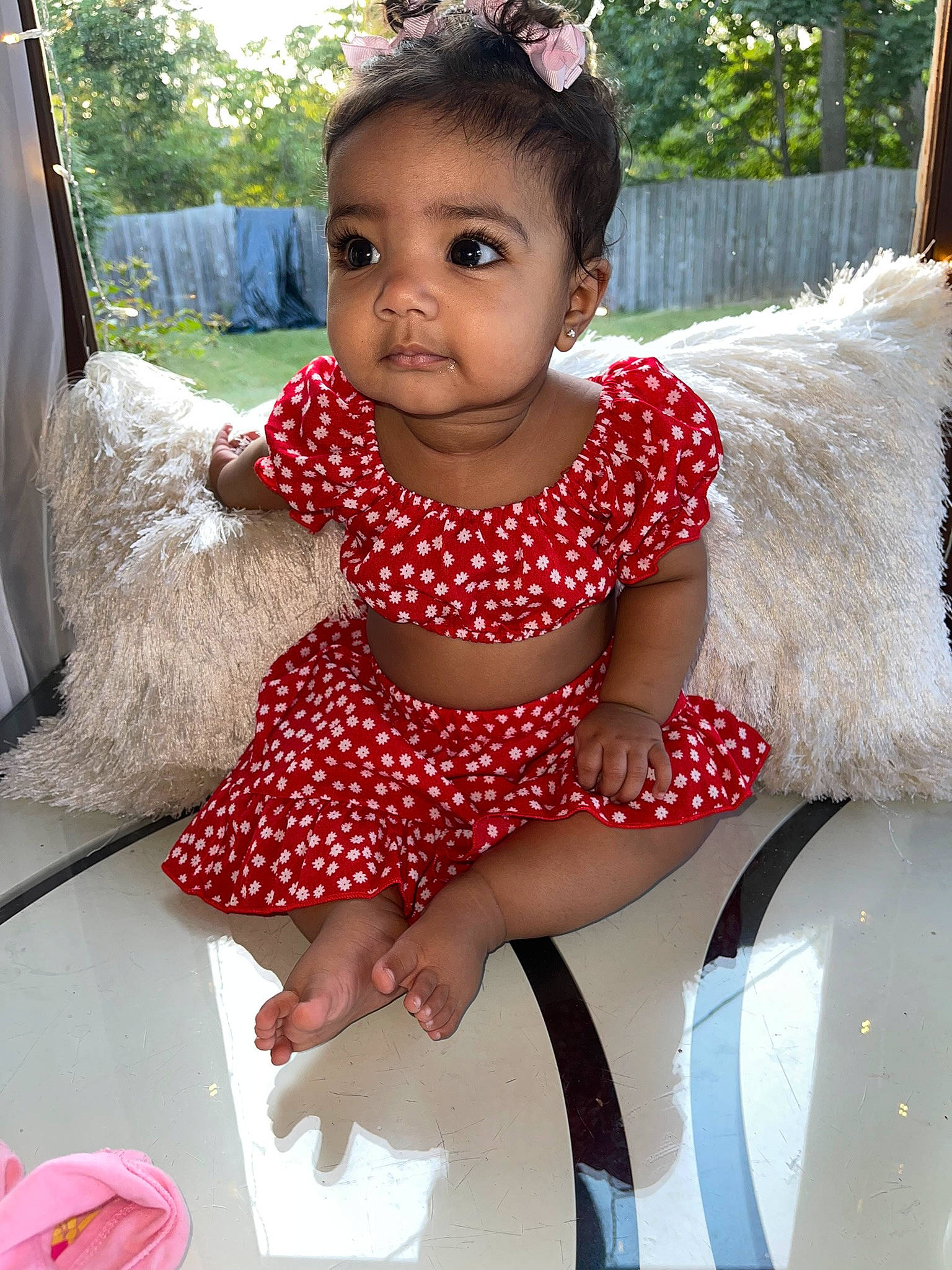 Emelia joined the competition — help win amazing prizes! baby, baby_toddler_clothing, beauty, child, dress, face, fun, grass, happy, head, human_leg, leisure, pattern, person, pink, plant, skin, thigh, toddler, tree