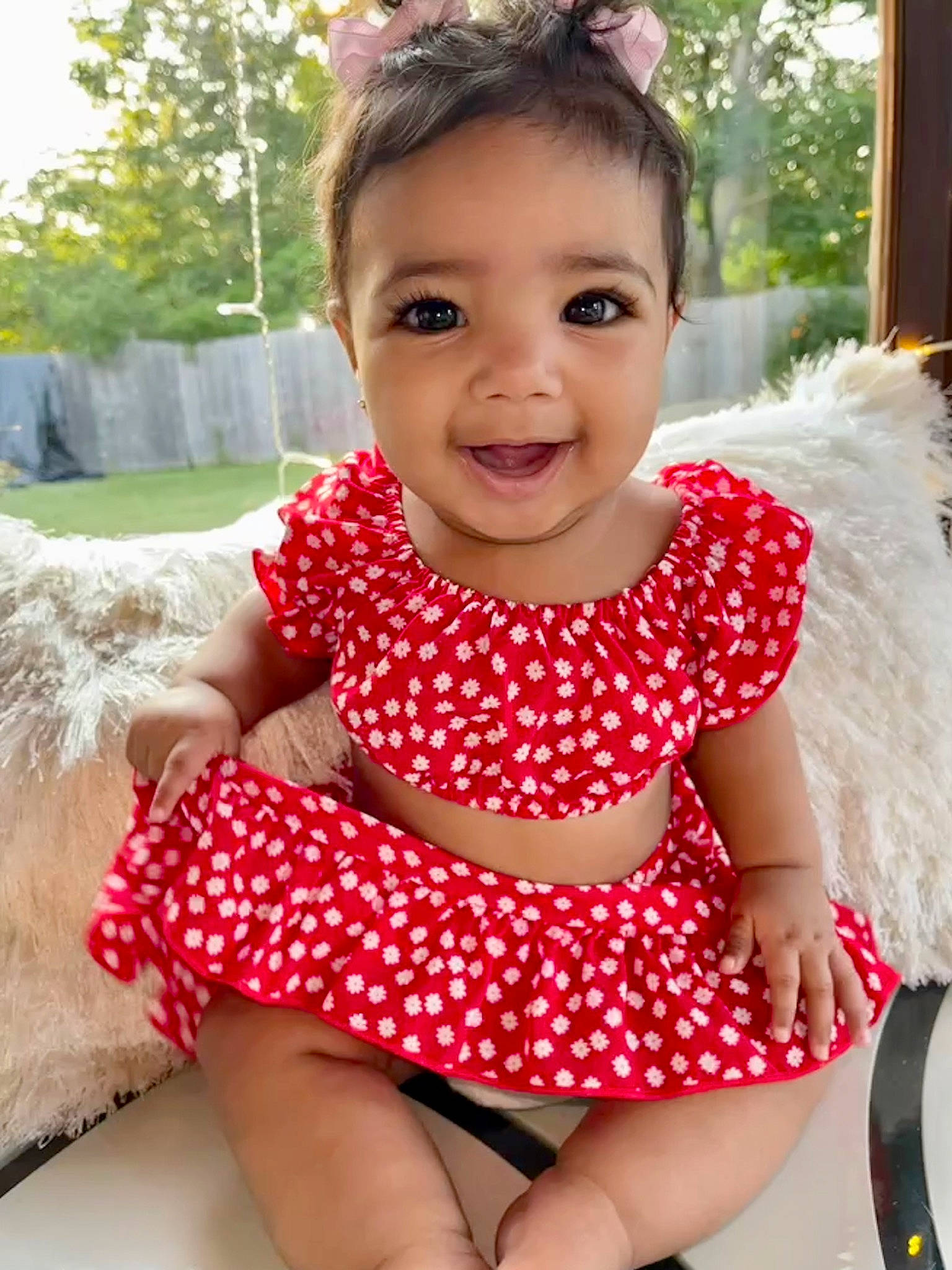 Emelia joined the competition — help win amazing prizes! baby_toddler_clothing, day_dress, dress, eye, face, hair, happy, head, human_body, joy, neck, person, pink, plant, red, skin, sleeve, smile, thigh, toddler