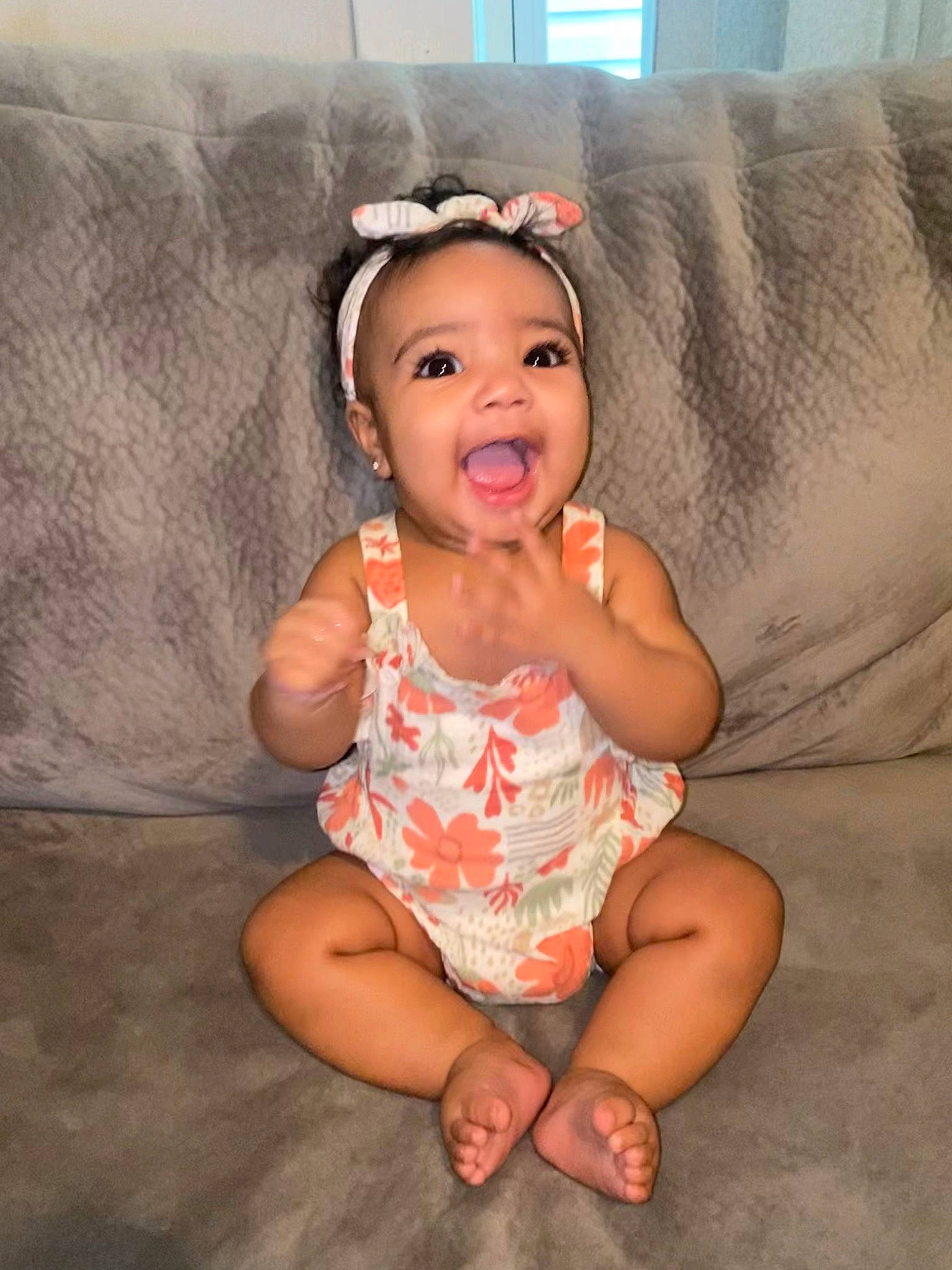 Emelia joined the competition — help win amazing prizes! arm, baby_toddler_clothing, cheek, comfort, couch, dress, face, finger, flash_photography, hair, hand, happy, human_body, iris, lip, neck, person, skin, sleeve, smile