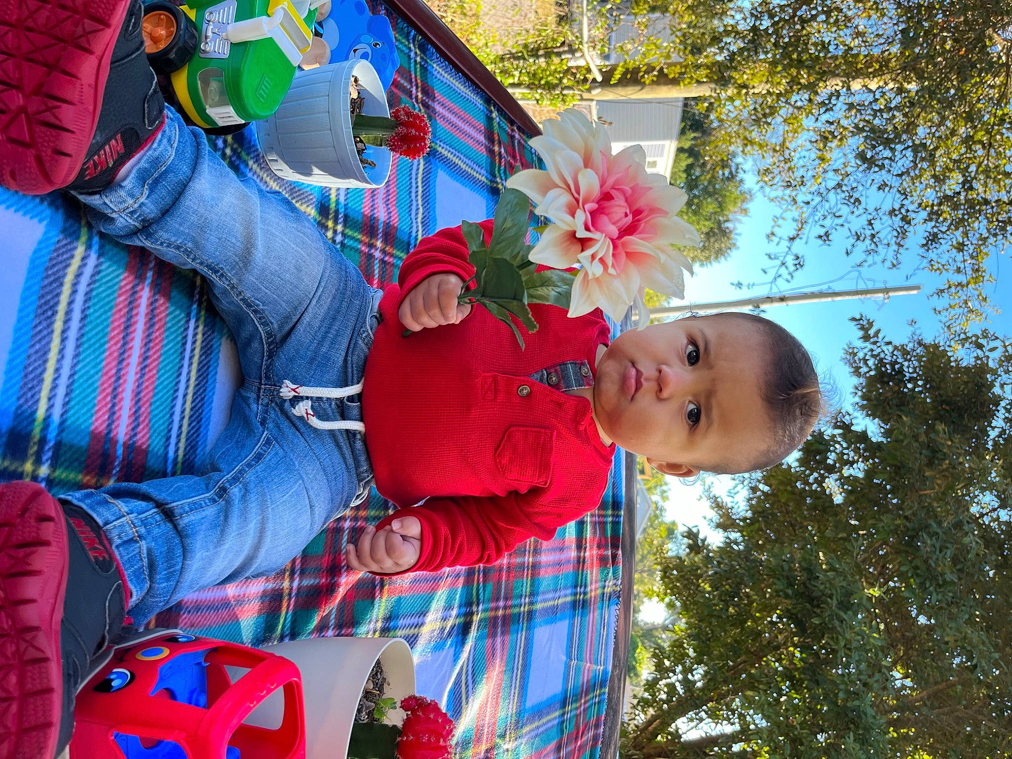 Kingston Michael joined the competition — help win amazing prizes! child, electric_blue, event, fun, grass, happy, leisure, magenta, party_supply, pattern, people_in_nature, person, plaid, plant, recreation, red, sky, toddler, tree, wheel