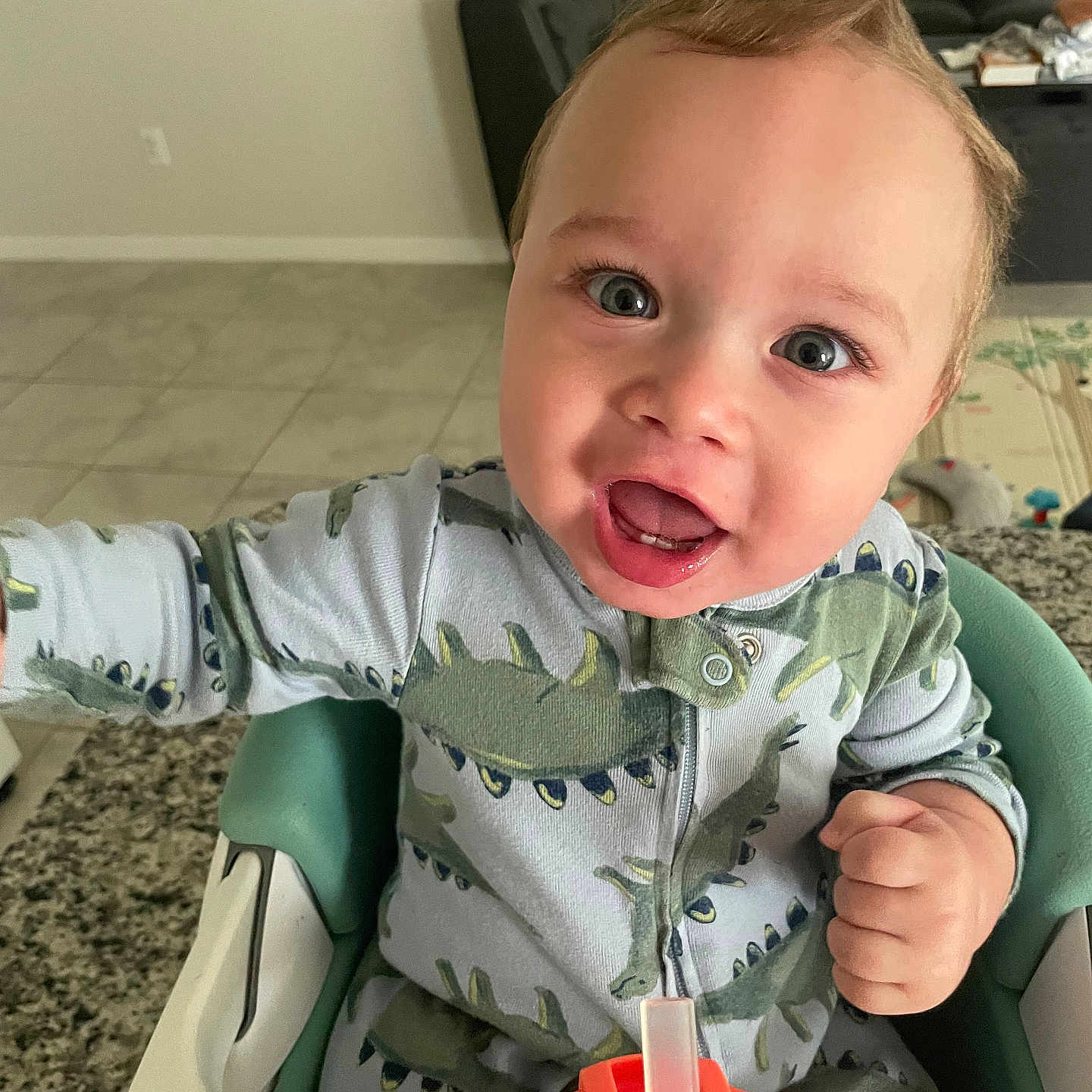 Carter joined the competition — help win amazing prizes! baby, babylaughing, blonde, bodypart, chair, couch, cutlery, eating, face, finger, food, furniture, hand, happy, head, person, photography, portrait, sitting, spoon