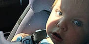 Emma Pauline is registered to the contest to win money with this photo: toddler, child, car_seat, sippy_cup, seatbelt, blue_shirt, sunlight, shadow, car_interior, hand, face, window, outdoor, nature, greenery, hair_clip, expression, portrait, travel, safety