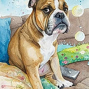 Harper joined the competition — help win amazing prizes! dog, bulldog, watercolor, illustration, painting, flowers, rainbow, clouds, bubbles, couch, pillow, phone, grass, sky, sitting, portrait, whimsical, colorful, art, floral
