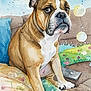 dog, bulldog, watercolor, illustration, painting, flowers, rainbow, clouds, bubbles, couch, pillow, phone, grass, sky, sitting, portrait, whimsical, colorful, art, floral