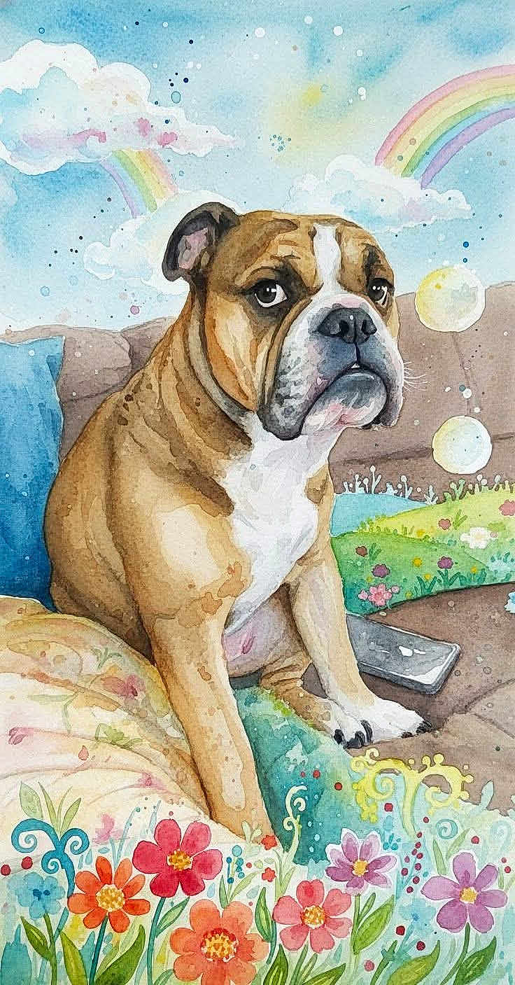 Harper joined the competition — help win amazing prizes! dog, bulldog, watercolor, illustration, painting, flowers, rainbow, clouds, bubbles, couch, pillow, phone, grass, sky, sitting, portrait, whimsical, colorful, art, floral