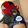 Bean joined the competition — help win amazing prizes! cat, person, costume, indoor, tabby, animal, pet, holding, hat, red, purple_shirt, tattoo, trader_joes, face, hand, whiskers, clothing, cute, funny, expression