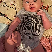 Jayla joined the competition — help win amazing prizes! baby, infant, child, portrait, lying_down, wide_eyed, indoors, bed, bedspread, blanket, onesie, clothing, rainbow, heart, grandpa, smiling, face, hands, legs, cozy