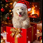 Stella a rejoint le concours — aidez-le/la à gagner de superbes lots ! dog, white_dog, santa_hat, gift_box, red_box, gold_ribbon, christmas_tree, christmas_ornaments, fireplace, fire, snow, holiday, festive, cozy, indoor, decorations, cute, pet, celebration, winter