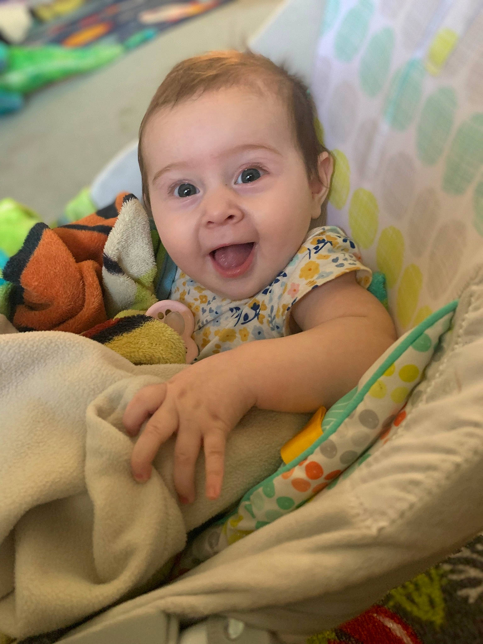 Adelina is registered to the contest to win money with this photo: baby, baby_products, baby_toddler_clothing, cheek, child, comfort, eye, fun, grass, happy, head, iris, leisure, linens, person, room, sitting, skin, smile, textile