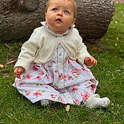 Rachel participe au concours pour gagner de l'argent avec cette photo : baby, child, girl, blue_eyes, flower_dress, white_cardigan, grass, tree_trunk, outdoor, nature, sitting, cute, curious, portrait, young_child, innocence, soft_lighting, fall, sock, headband