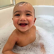 Arya Veer joined the competition — help win amazing prizes! baby, bath, bubbles, smile, happy, child, water, skin, face, arm, head, tub, foam, wet, cute, playful, indoors, childhood, joy, clean