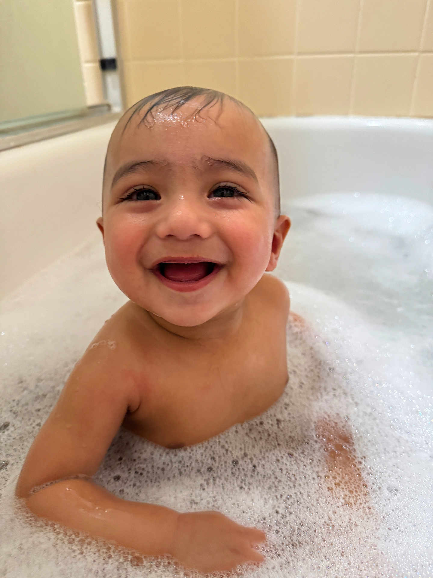 Arya Veer joined the competition — help win amazing prizes! baby, bath, bubbles, smile, happy, child, water, skin, face, arm, head, tub, foam, wet, cute, playful, indoors, childhood, joy, clean