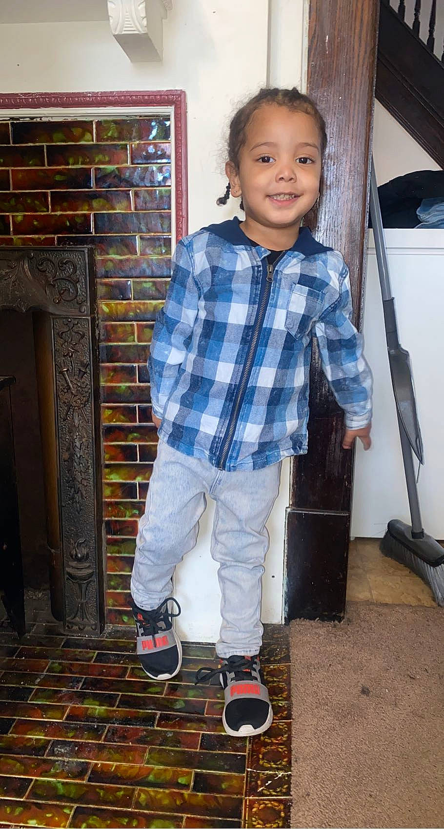 Tru joined the competition — help win amazing prizes! denim, dress_shirt, face, fashion_design, floor, flooring, fun, joint, joy, leg, person, photograph, plaid, shoe, sleeve, smile, sneakers, standing, street_fashion, tartan